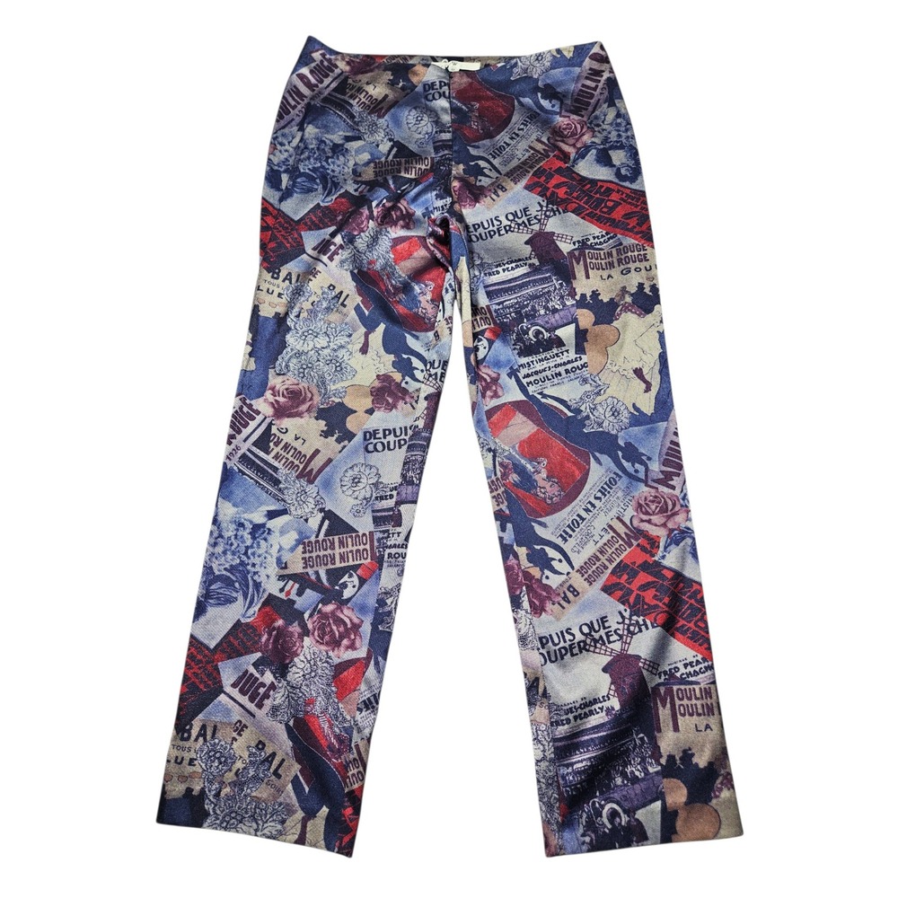 VTG W New York Moulin Rouge Collage Print Pants Blue Red Sz 12